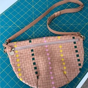 Clare V Tan Grande Fanny Bag in Woven Bisque with Pink, Green and Yellow Accents